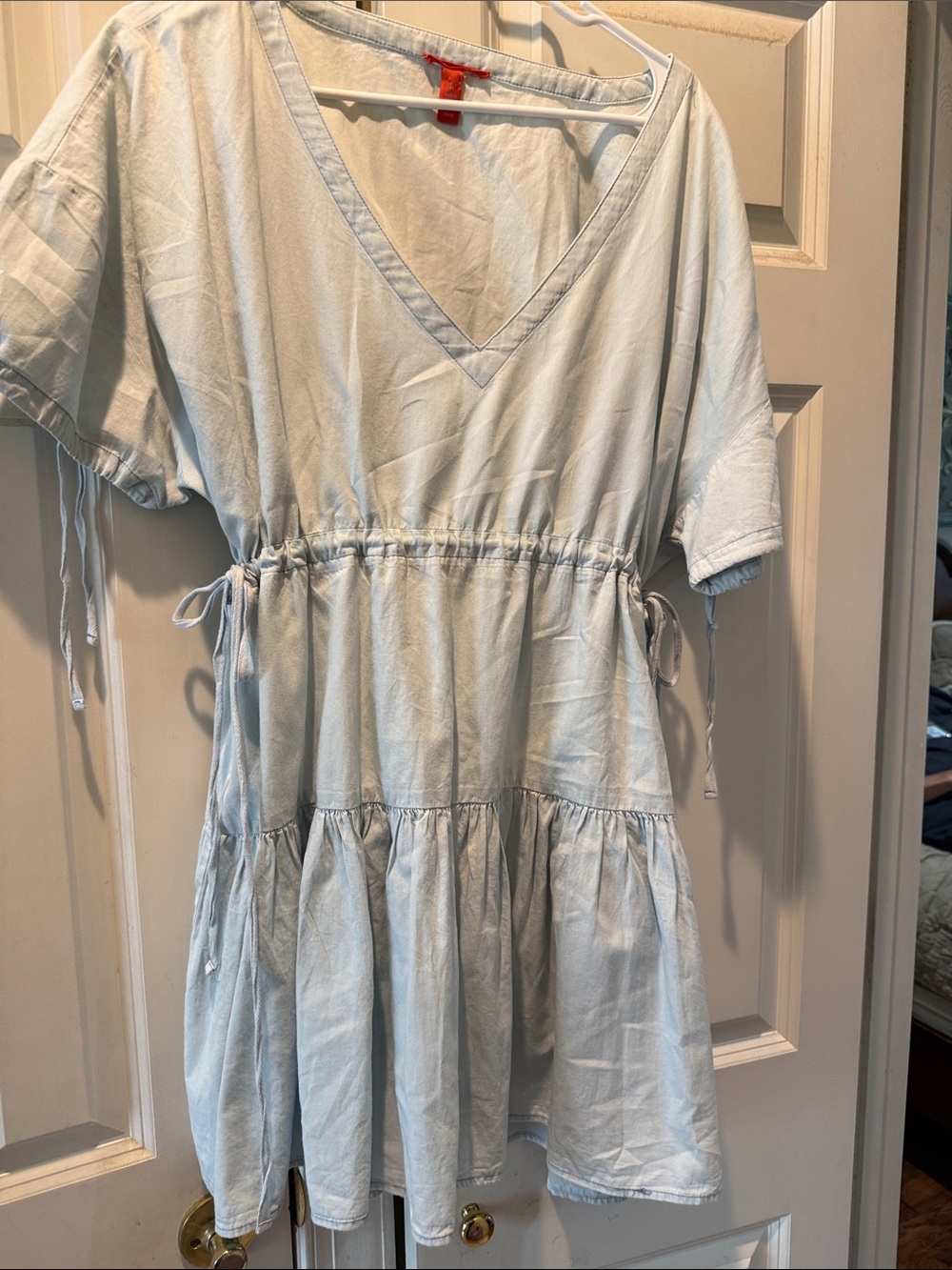Light Blue V-Neck Tiered Drawstring Dress